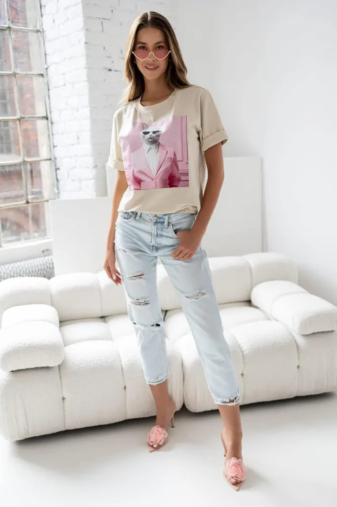 T-shirt Kot Beige - obrazek 4