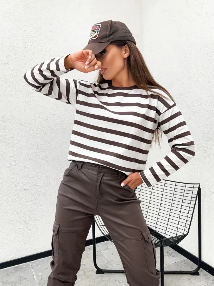 Bluzka Basic w paski Brown/White