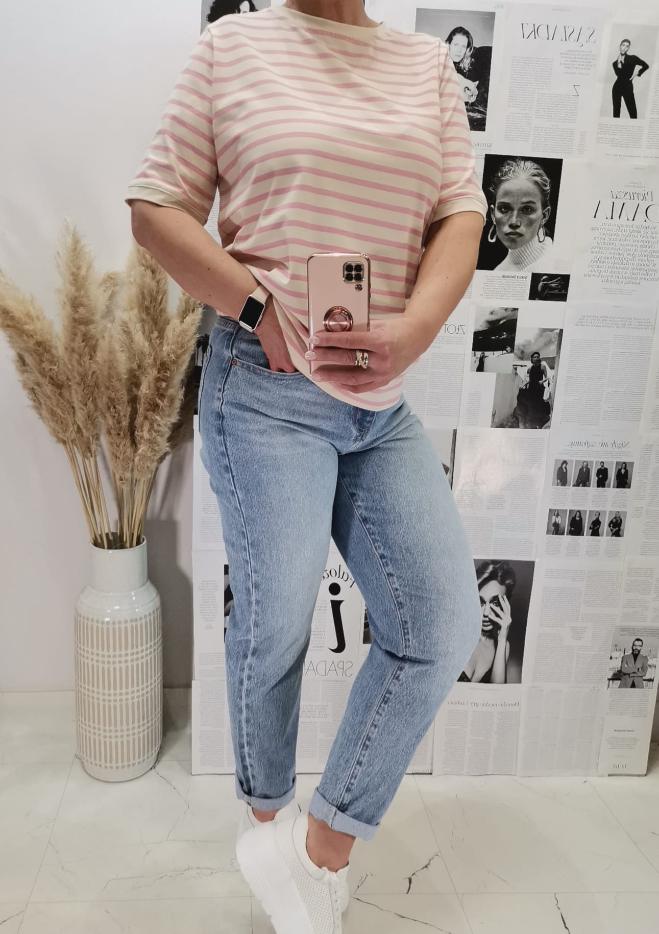 T-shirt Azara w Paseczki Cream/Powder pink - obrazek 2