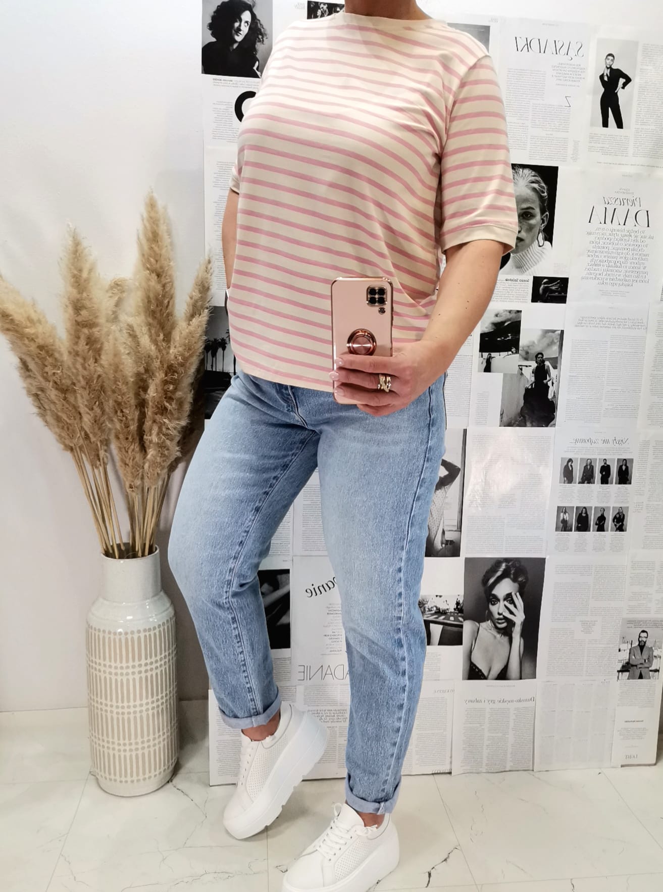 T-shirt Azara w Paseczki Cream/Powder pink - obrazek 4