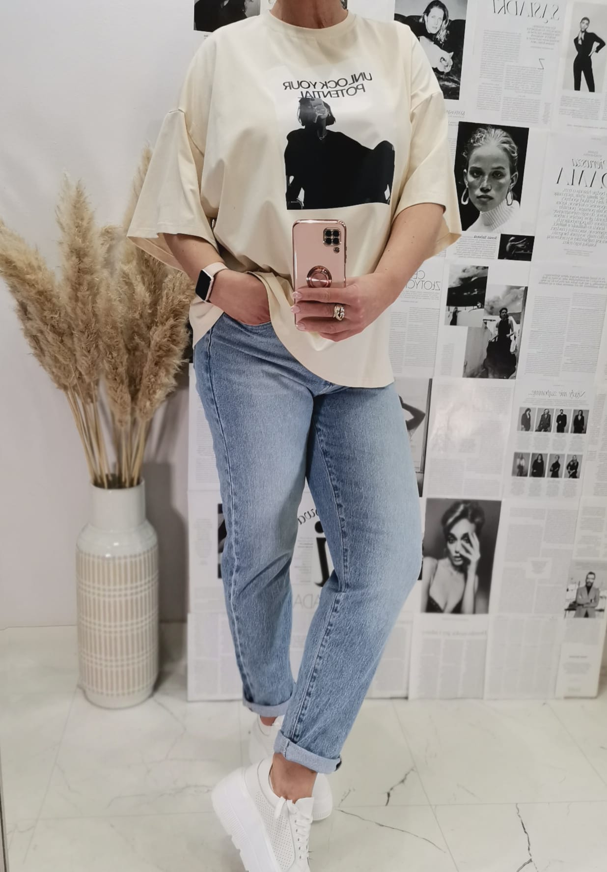 T-shirt oversize Cream z nadrukiem