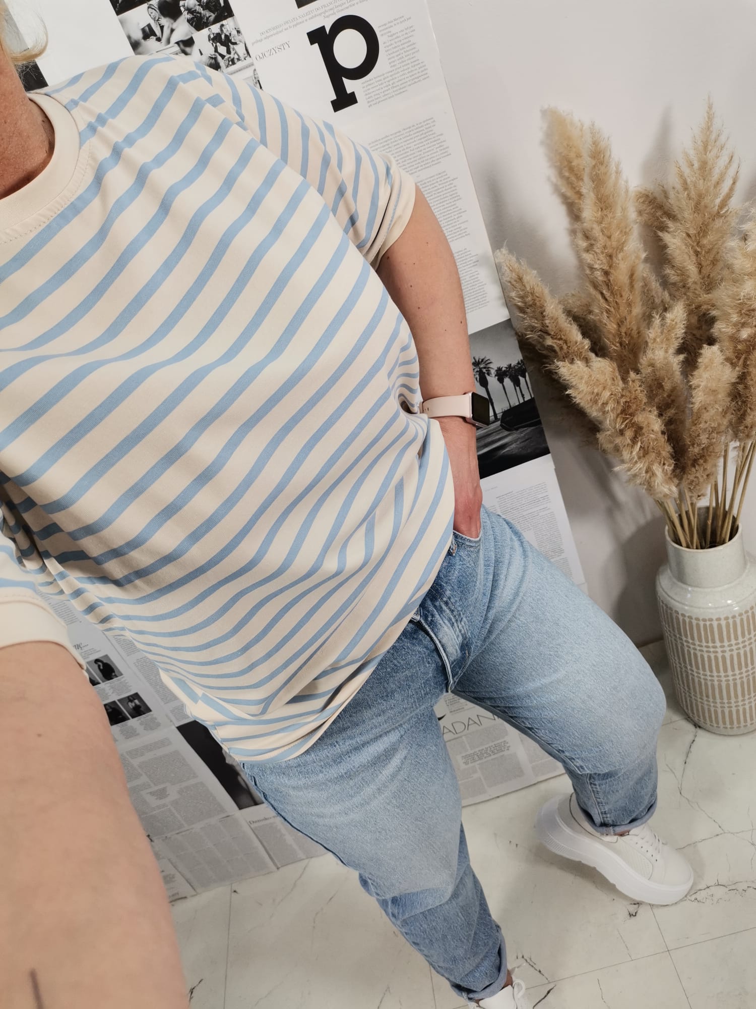 T-shirt Azara w Paseczki Cream/Blue