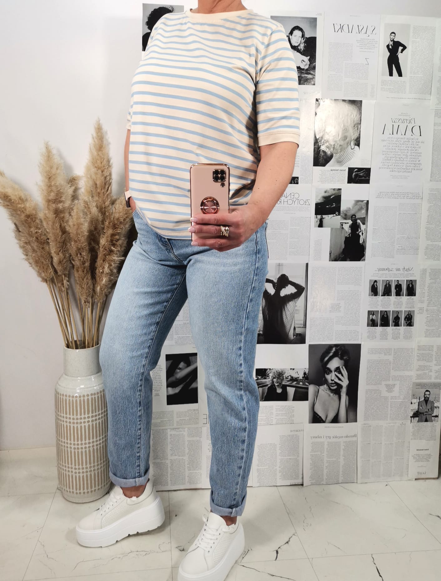 T-shirt Azara w Paseczki Cream/Blue - obrazek 2