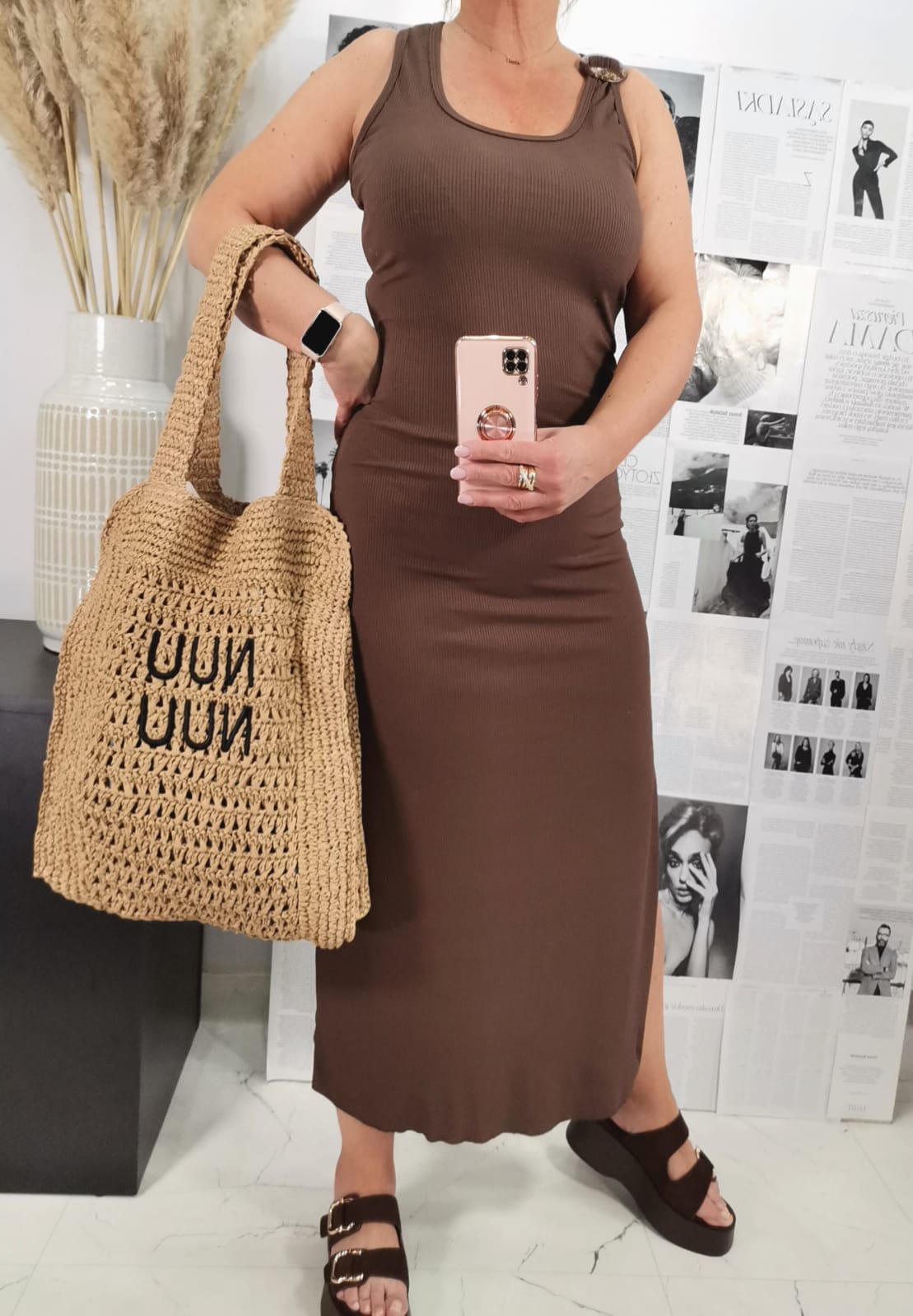 Sukienka maxi w prążek Brąz