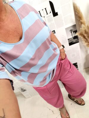 T-shirt oversize w pasy rose/blue