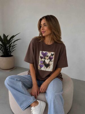T-shirt Basic Brązowy z nadrukiem