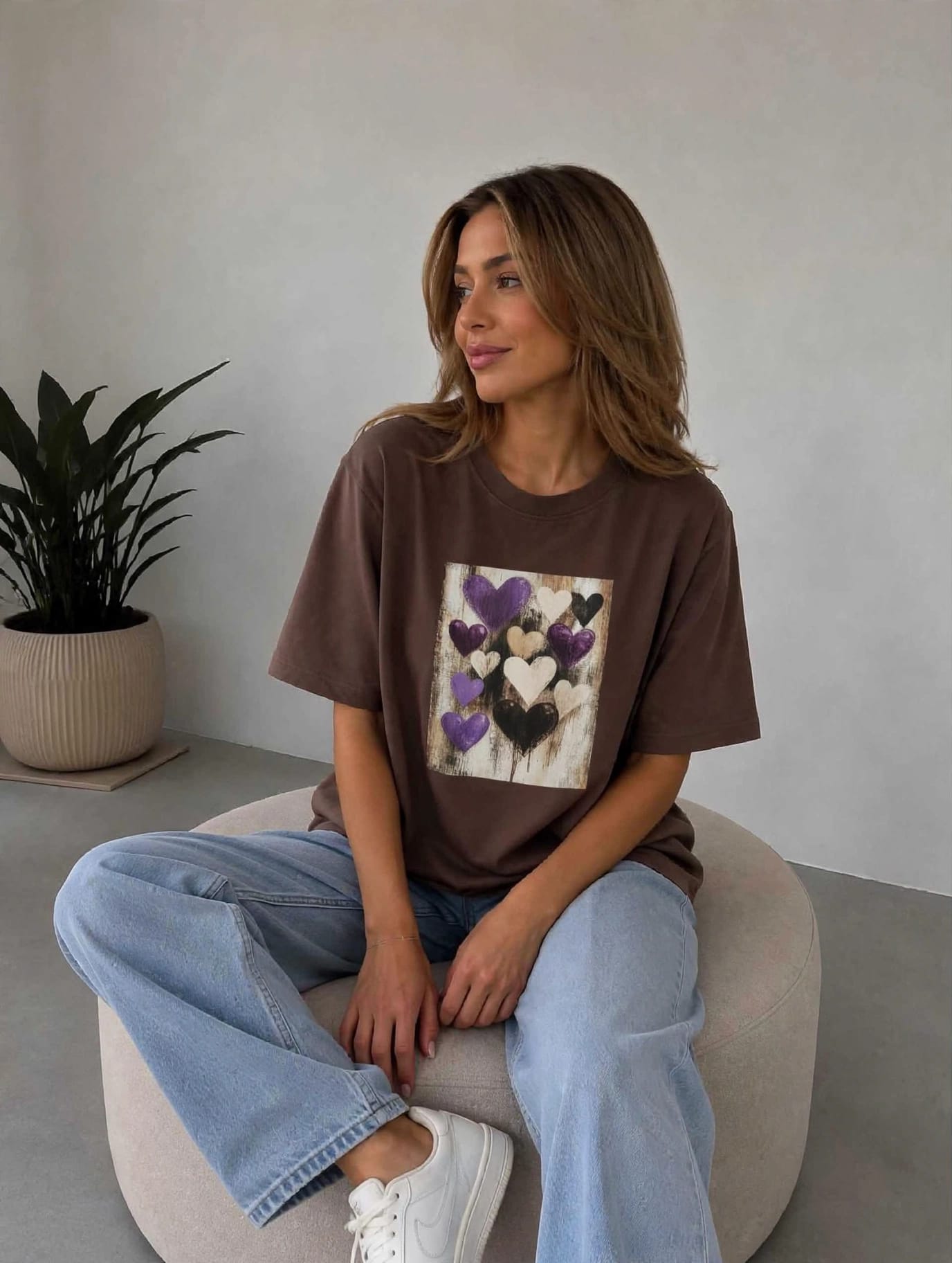 T-shirt Basic Brązowy z nadrukiem