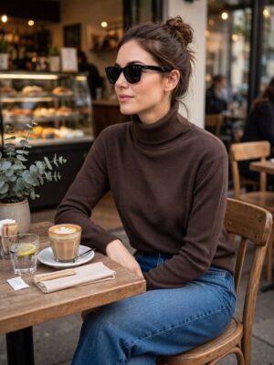 Sweter oversize z golfem Brązowy